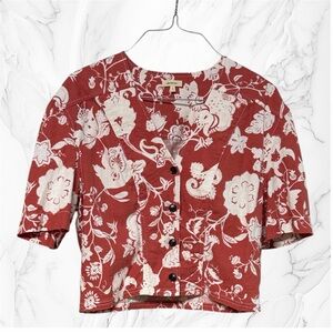 Bellerose Hivy Blouse relaxed linen blend cropped V-neck top red orange cream S